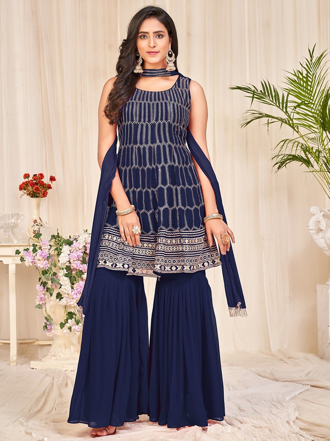 

Warthy Ent Embroidered Semi-Stitched Dress Material, Blue