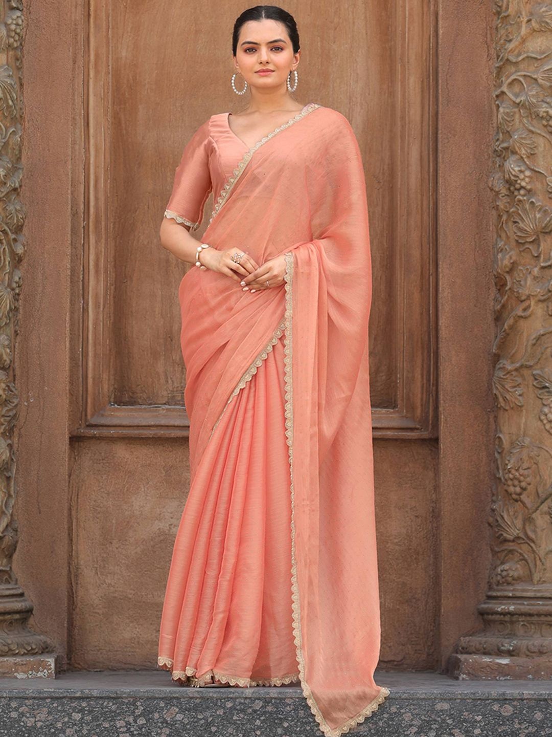 

Peachmode Beads and Stones Silk Blend Tussar Saree, Peach