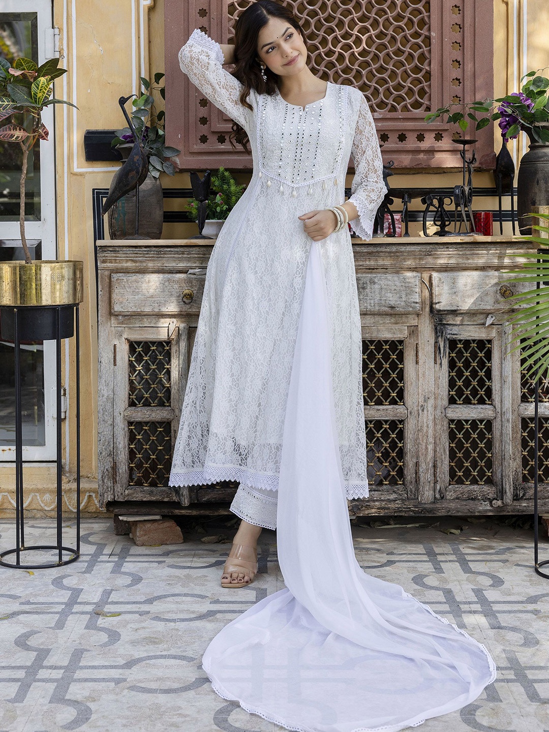 

Anouk Women Floral Embroidered Empire Mirror Work Kurta with Pyjamas & With Dupatta, White