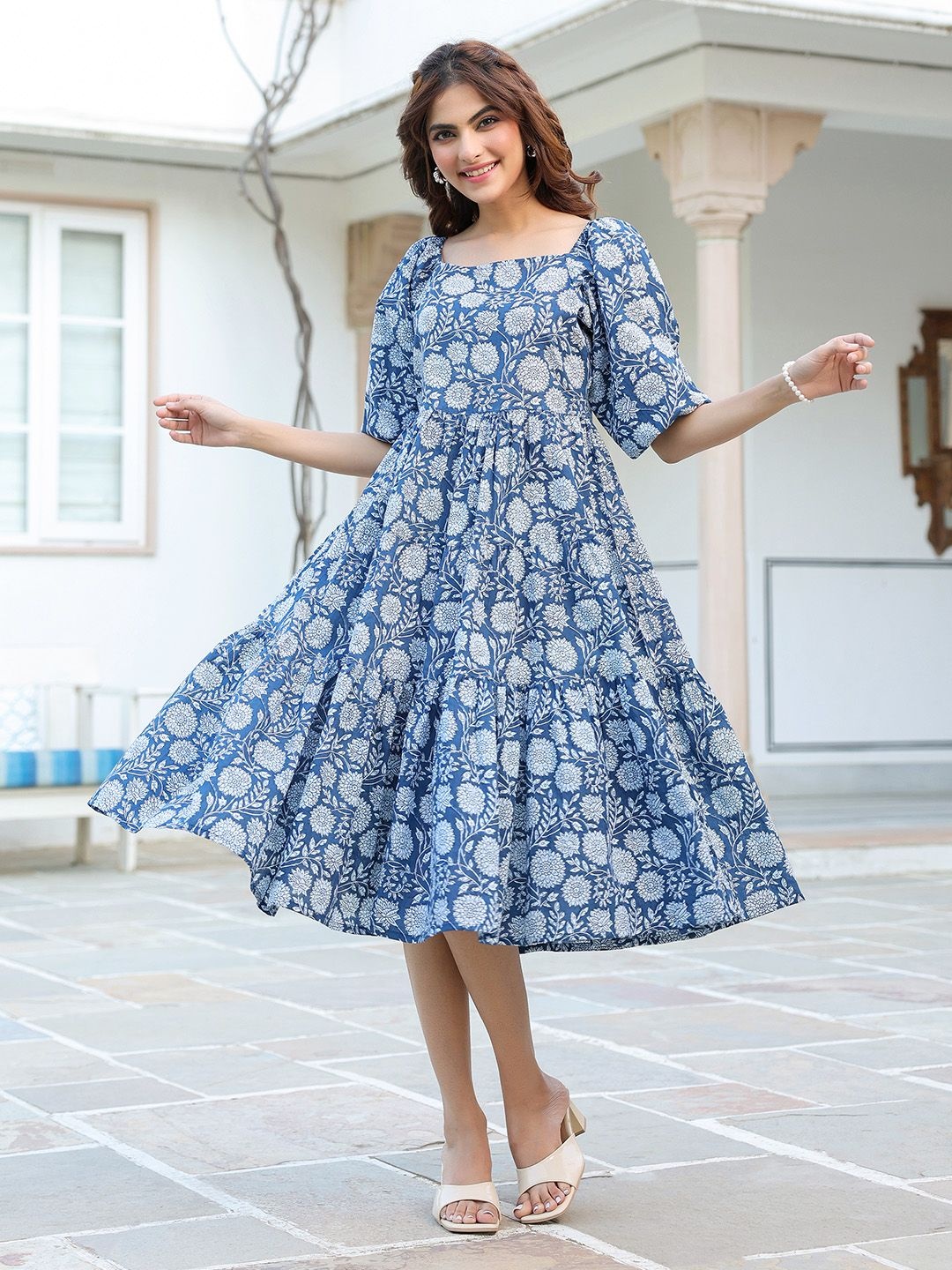 

Janasya Women's Green Pure Cotton Floral Printed A-line Co-ord Set, Blue