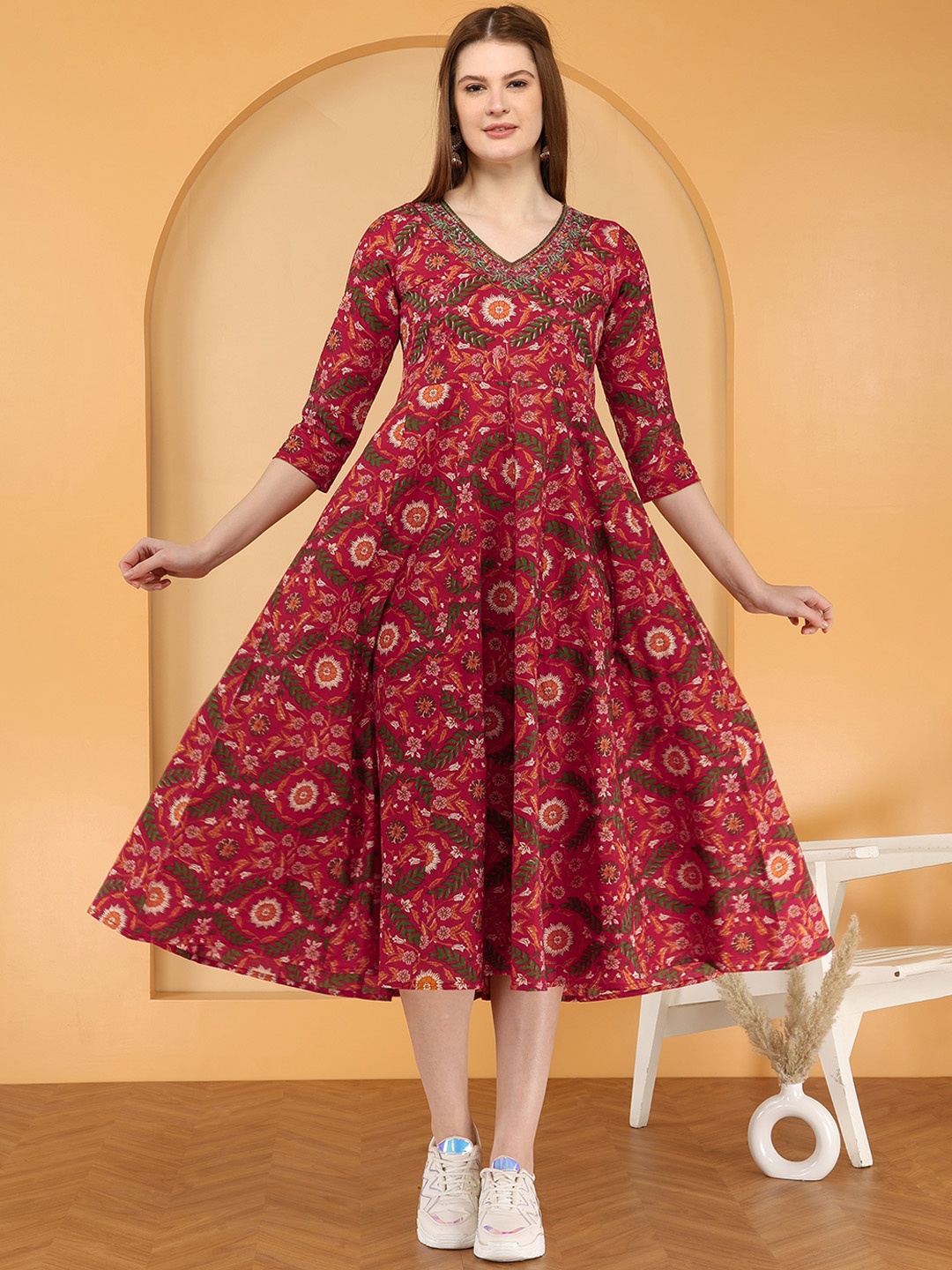 

AJ ART Women Floral Printed Mirror Work Floral Anarkali Kurta, Red