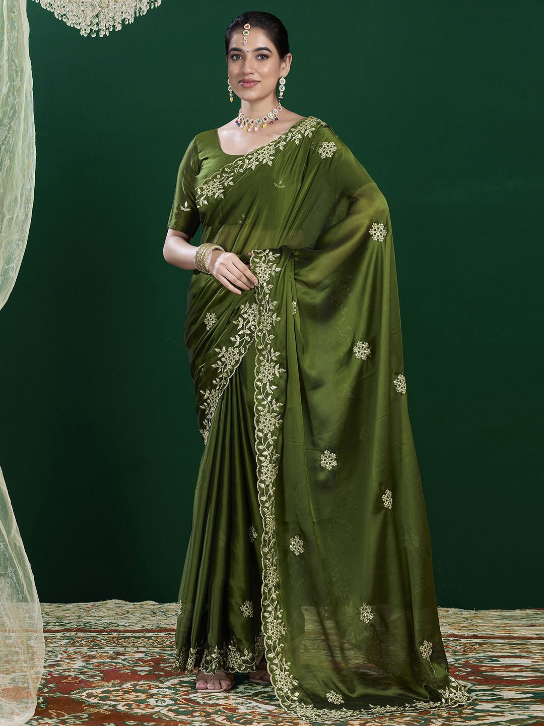 

all about you Floral Sequinned Pure Georgette Saree, Olive