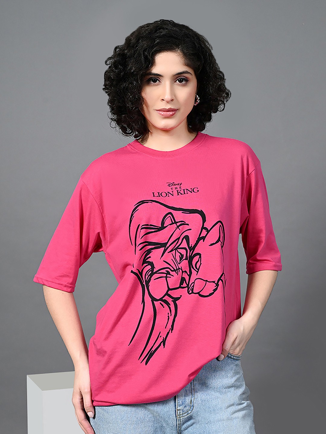 

CORSICA Women Lion King Printed Drop-Shoulder Sleeves Bio Finish T-shirt, Pink