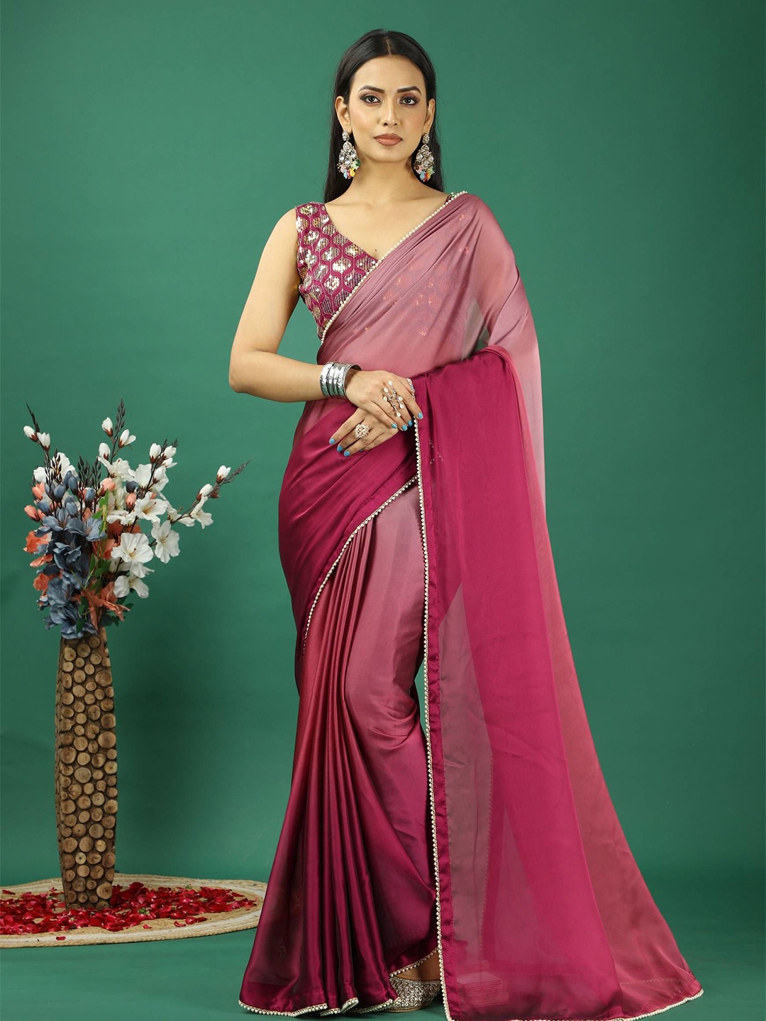 

DIVASTRI Ombre Beads and Stones Satin Banarasi Saree, Pink