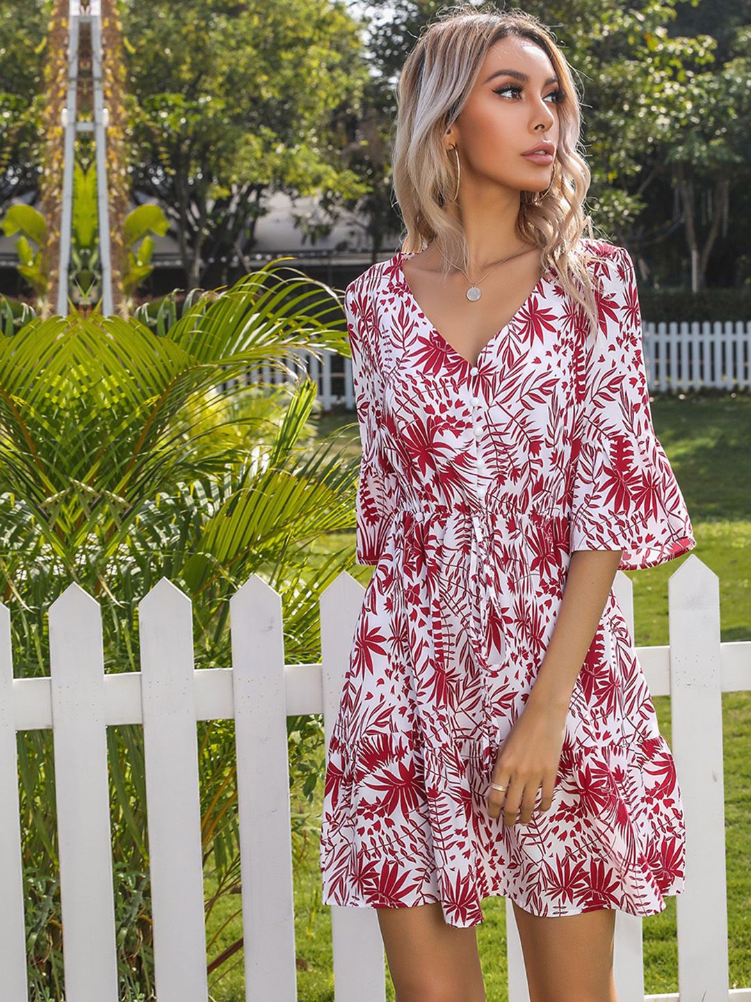 

JC Mode Floral Print Flared Sleeve Fit & Flare Dress, Maroon