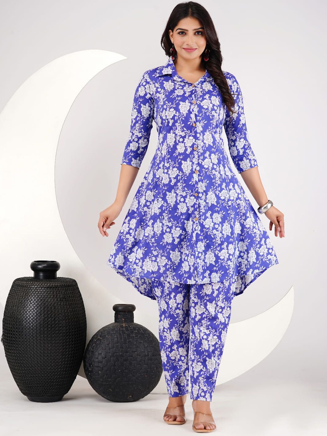 

Pairs4U Printed Shirt Collor Neck Tunic With Trousers Co-Ords, Purple