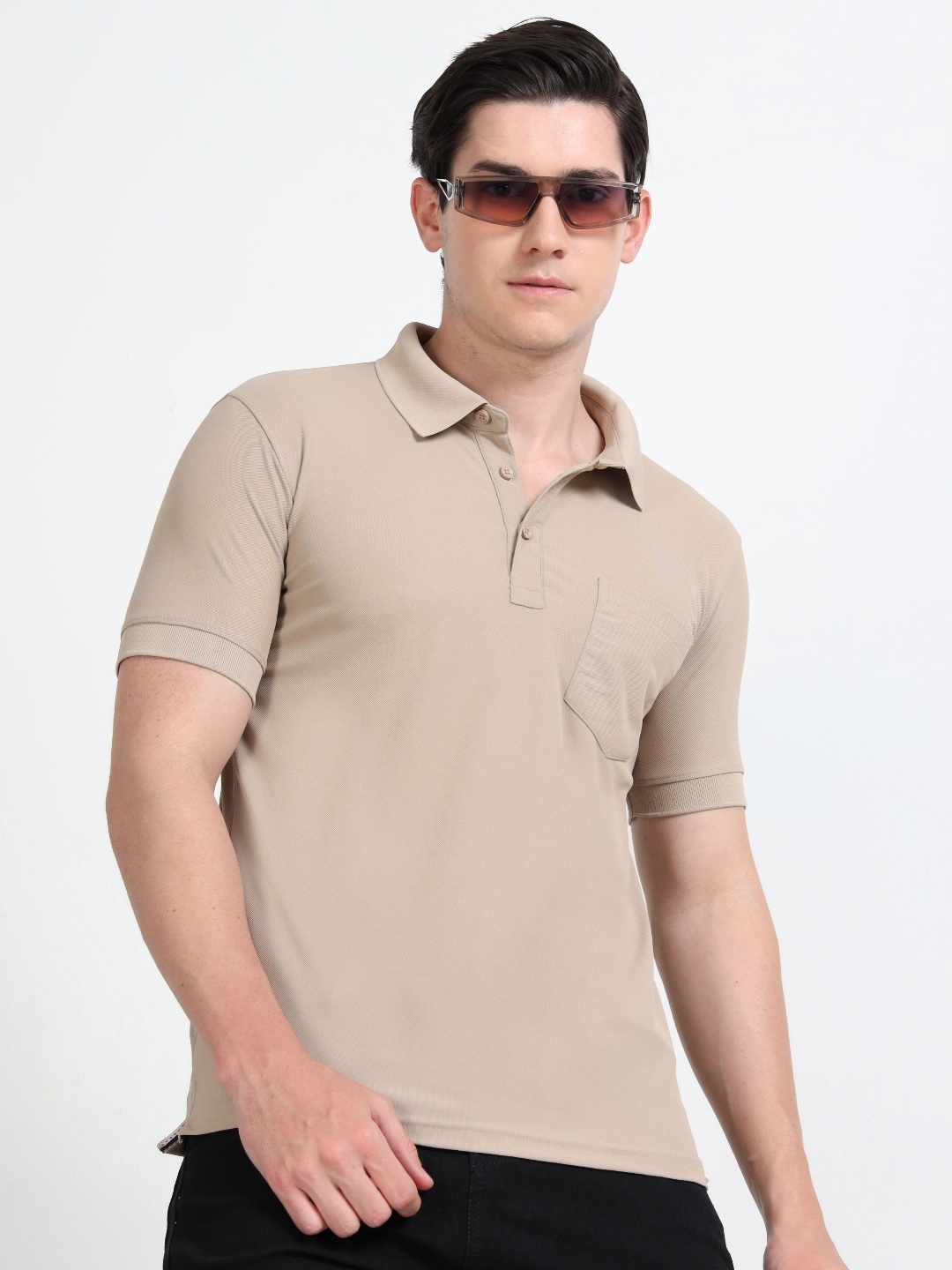 

QUCO Poly Pique Structured Pocket Polo T-Shirt, Beige