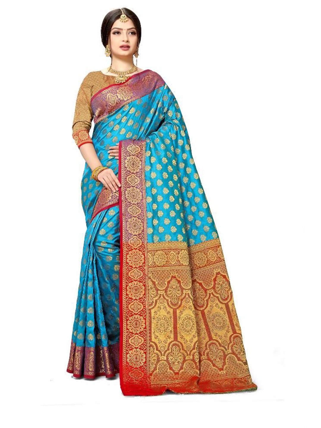 

AKSH FASHION Woven Design Zari Silk Blend Banarasi Saree, Turquoise blue