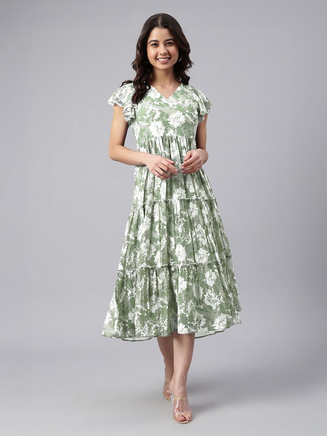 

Janasya Women's Sage Green Georgette Abstract Printed Tiered Dress