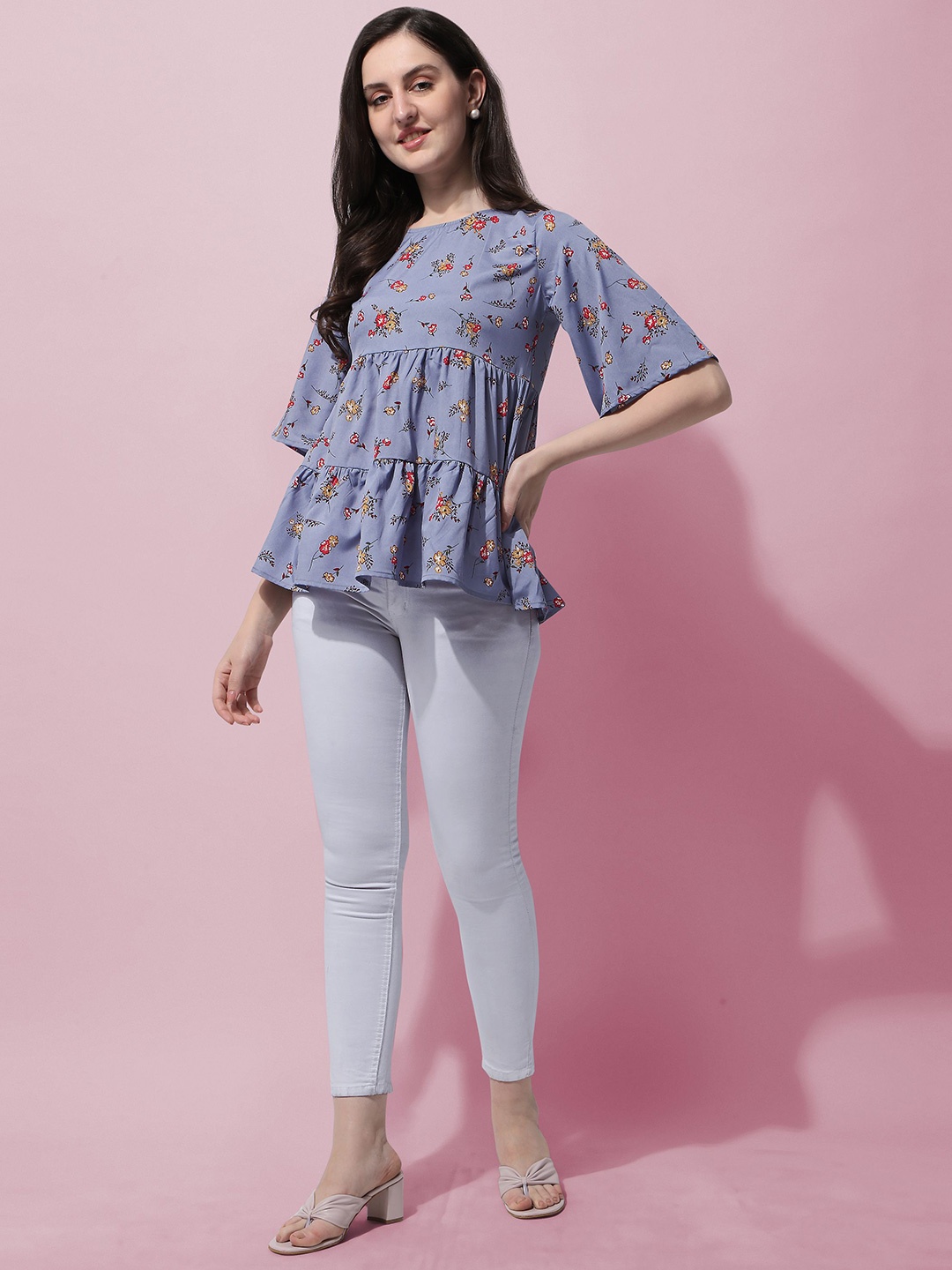 

Chemistry Floral Print Crepe Peplum Top, Grey