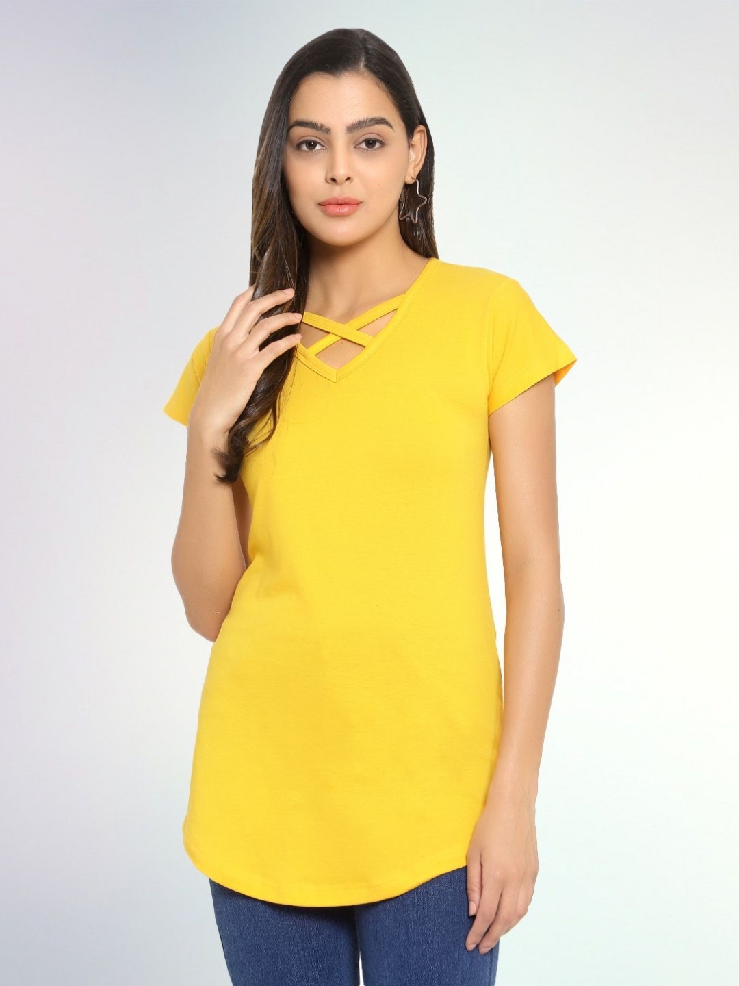 

Boldwink Women V-Neck Applique Slim Fit T-shirt, Mustard