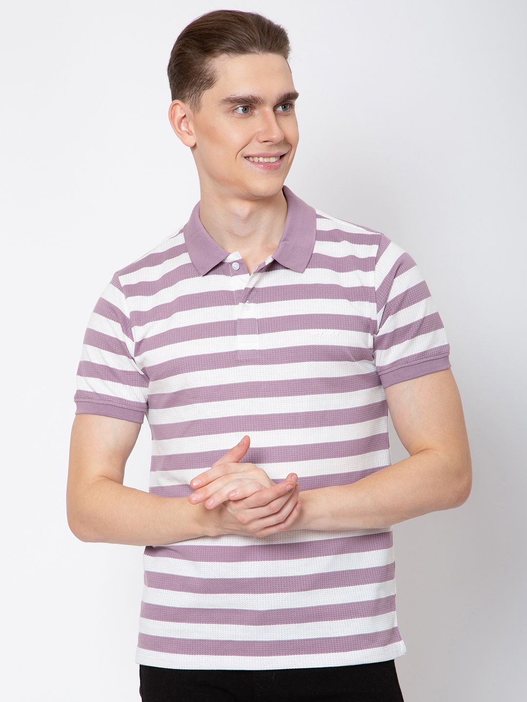 

Sparky Men Striped Polo Collar Pockets Slim Fit T-shirt, Pink