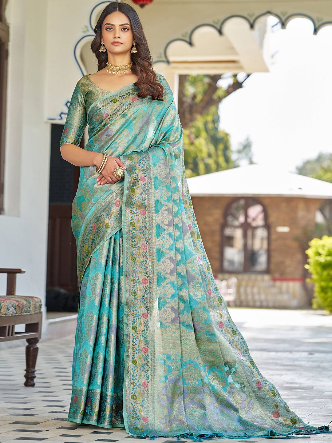 

all about you Woven Design Zari Pure Silk Saree, Turquoise blue