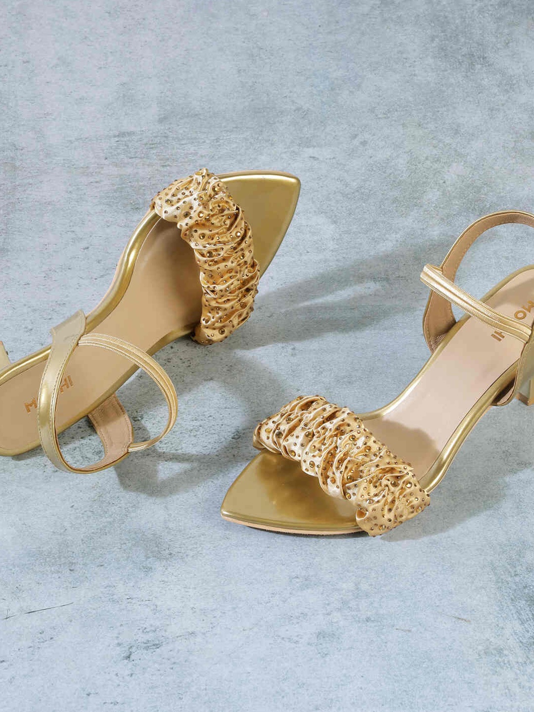 

Mochi Embellished Block Sandals, Gold