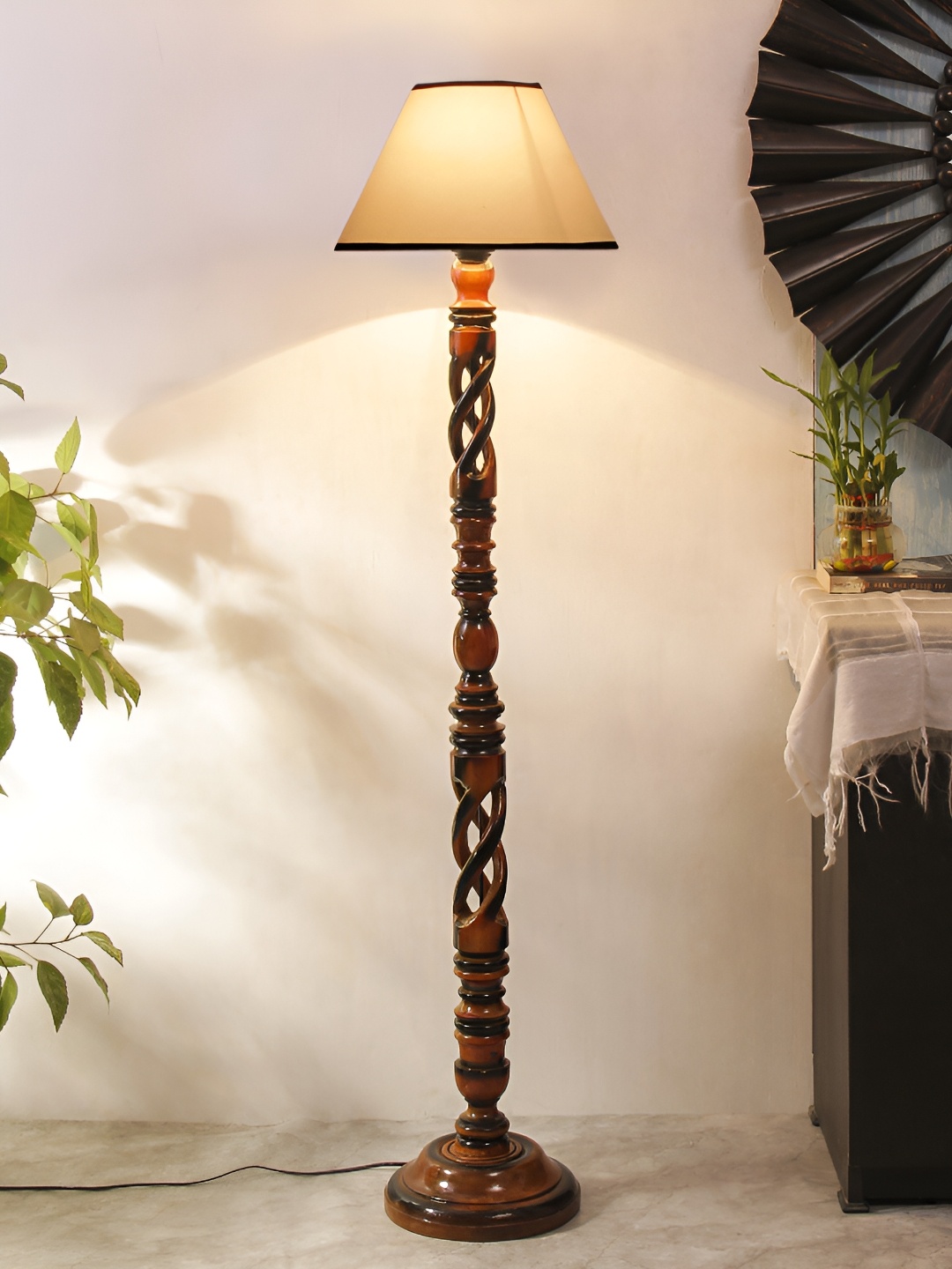 

Devansh White & Black Cotton Conical Wooden Floor Lamp With Shade