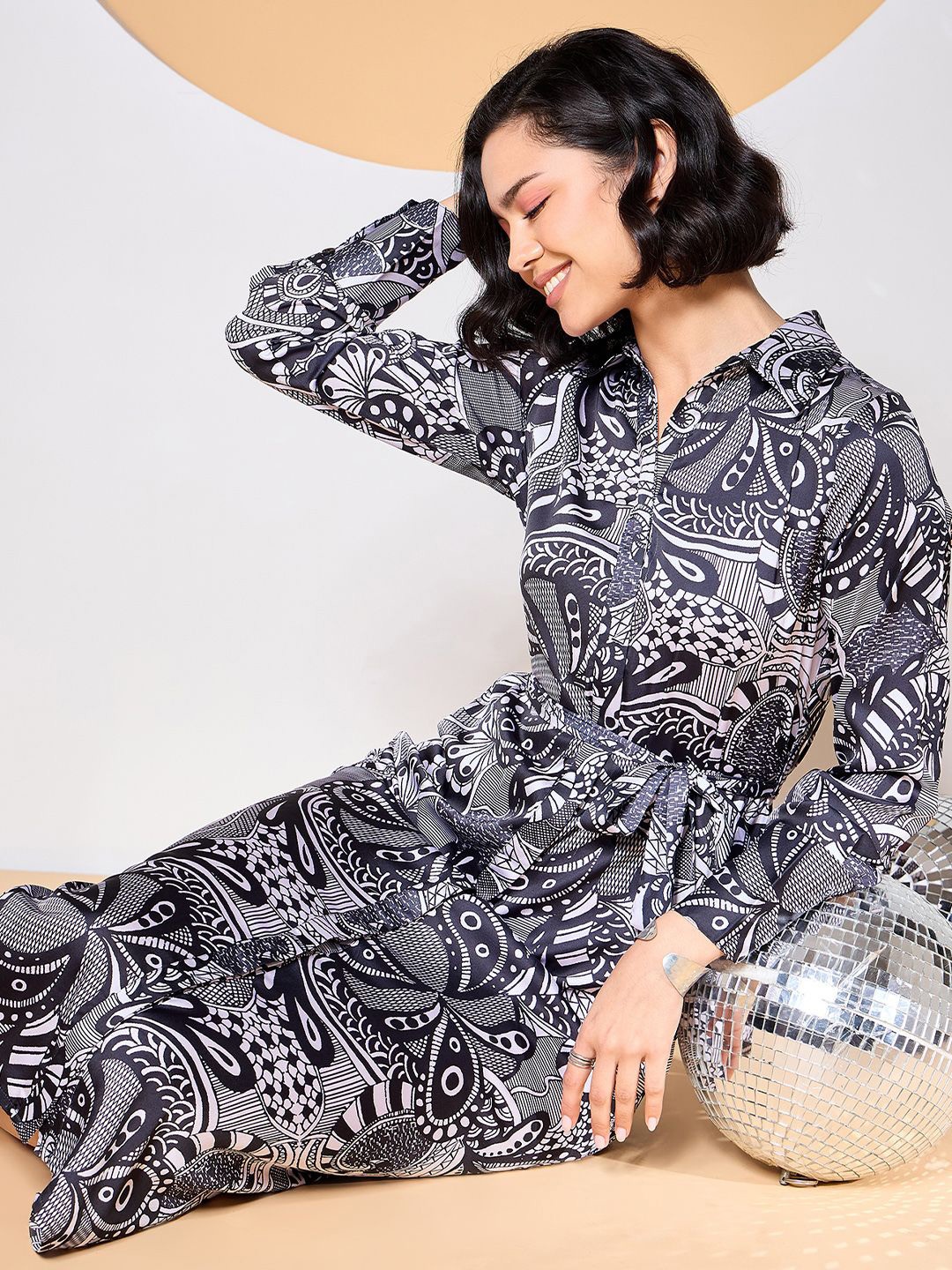 

ZUMMER Print Satin Shirt Midi Dress, Black