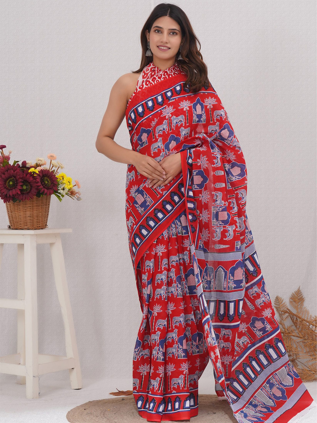 

Shivanya Handicrafts Floral Pure Cotton Block Print Saree, Blue