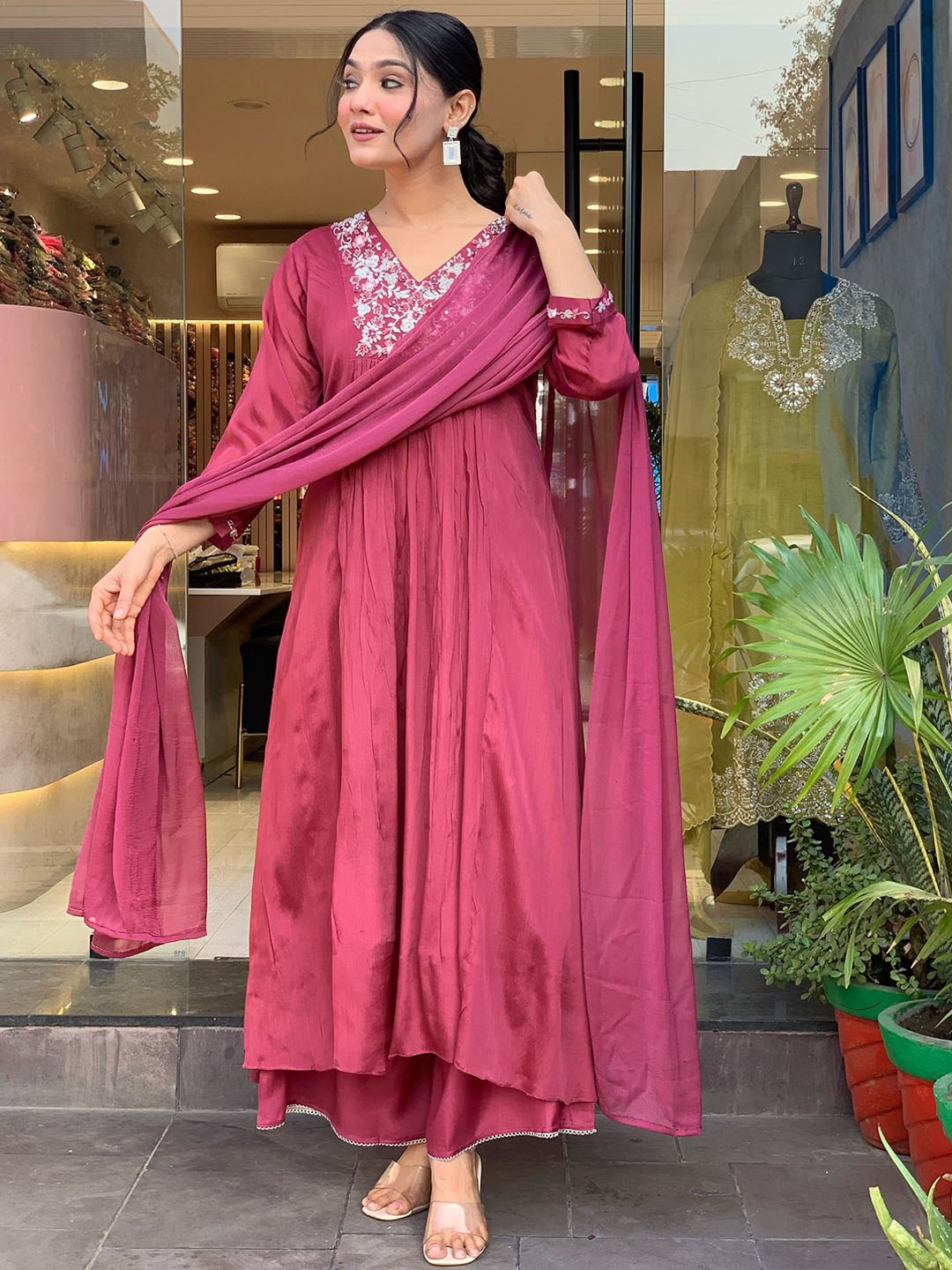 

KALINI Women Floral Yoke Design Empire Gotta Patti Kurta with Palazzos & With Dupatta, Maroon