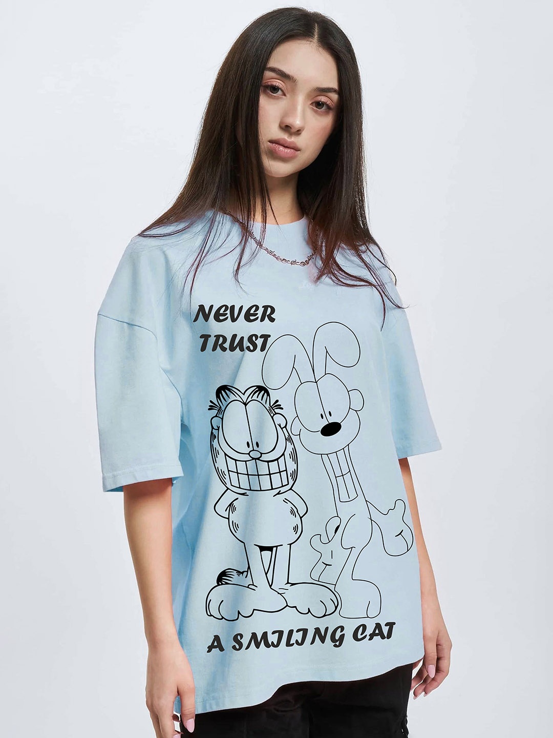 

RAYACLOSET Women Typography Printed Raw Edge T-shirt, Blue