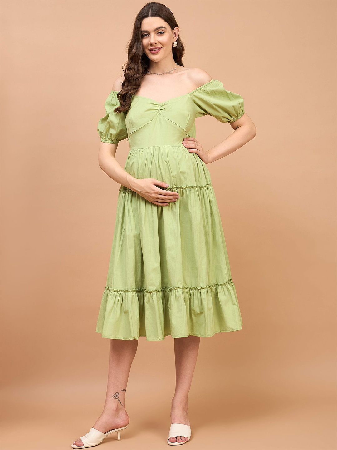 

Shades of Sabi Off-Shoulder Puff Sleeve A-Line Midi Maternity Dress, Green