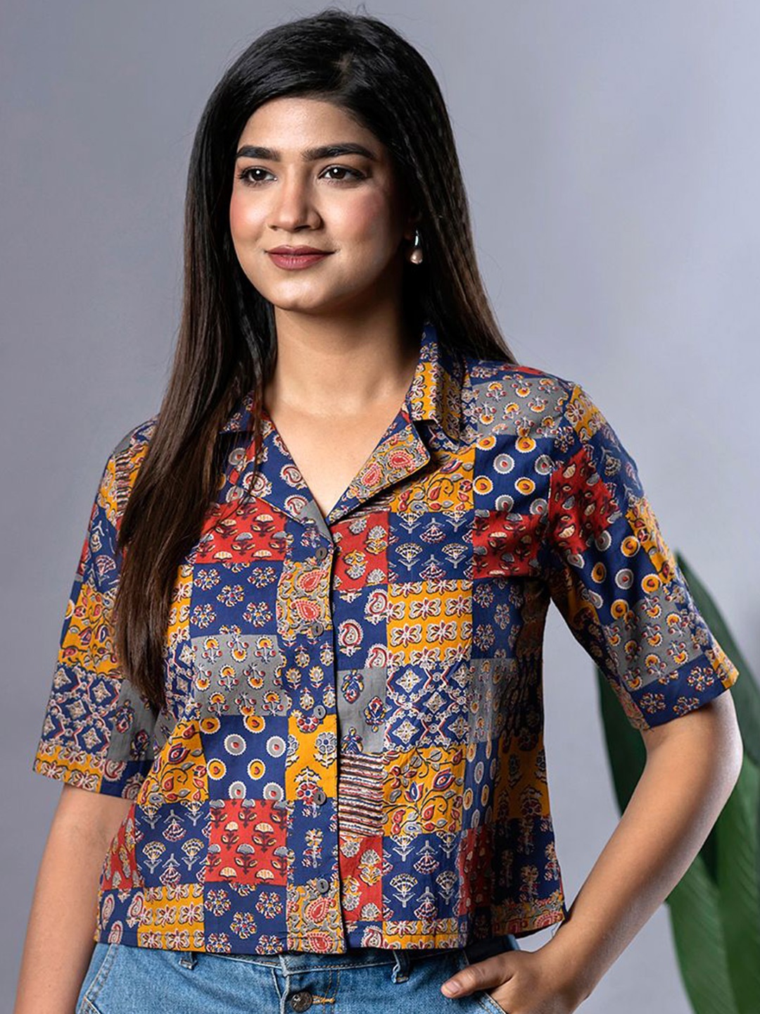 

BAESD Print Cotton Shirt Style Crop Top, Blue