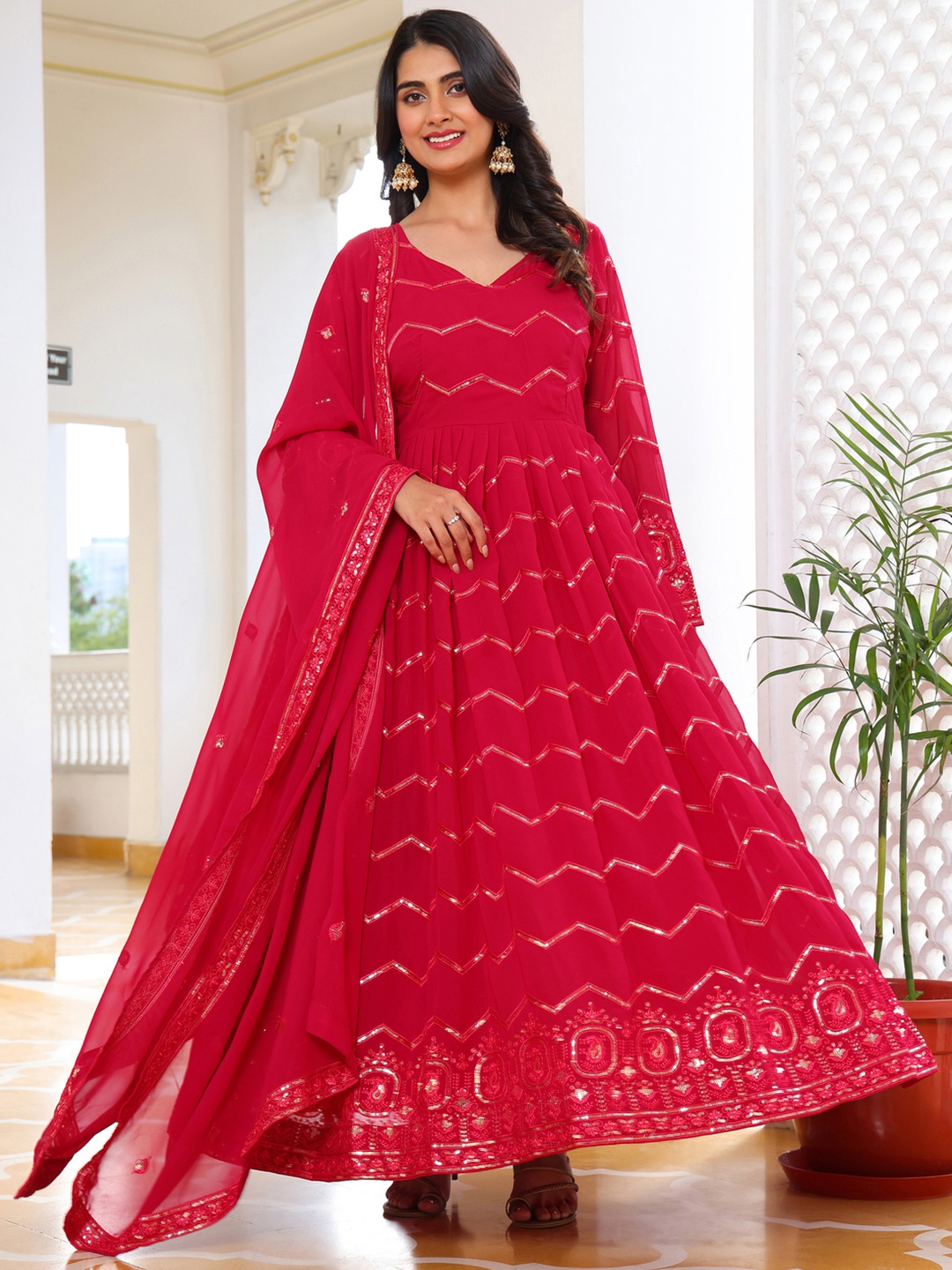 

Fashion Basket Embroidered Kurta Set With Dupatta, Pink
