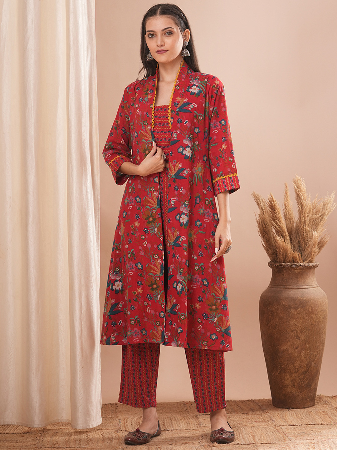 

FASHOR Printed Crop Top With Longline Jacket & Trousers Co-Ords Set, Red