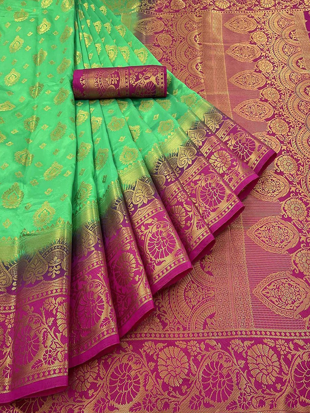 

Peachmode Woven Design Zari Pure Silk Banarasi Saree, Green