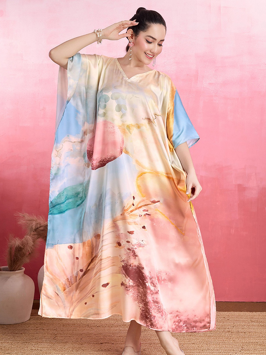 

LABEL AARNA Nautical Shore Soft Satin Kaftan, Pink