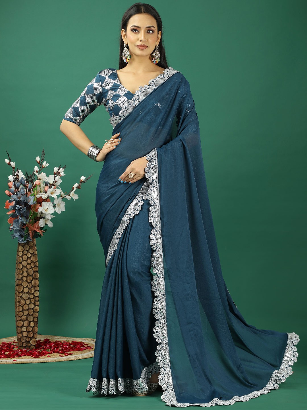 

HERE&NOW Sequinned Satin Banarasi Saree, Blue