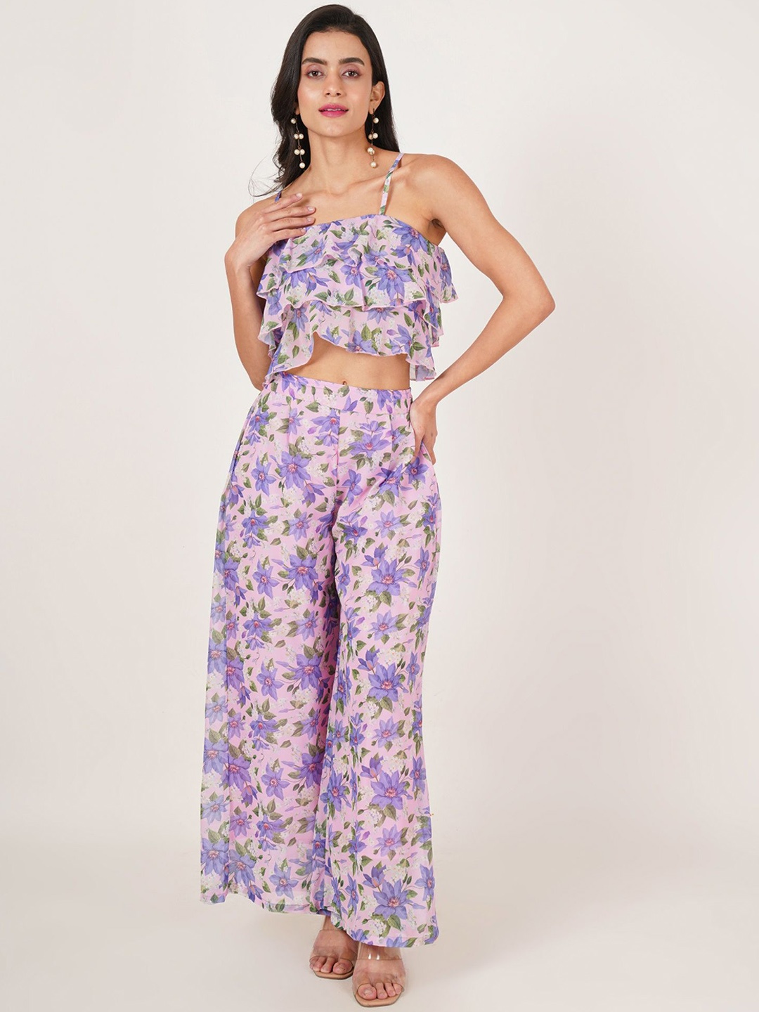 

U&F Floral Printed Square Neck Top With Palazzos Co-Ords, Purple