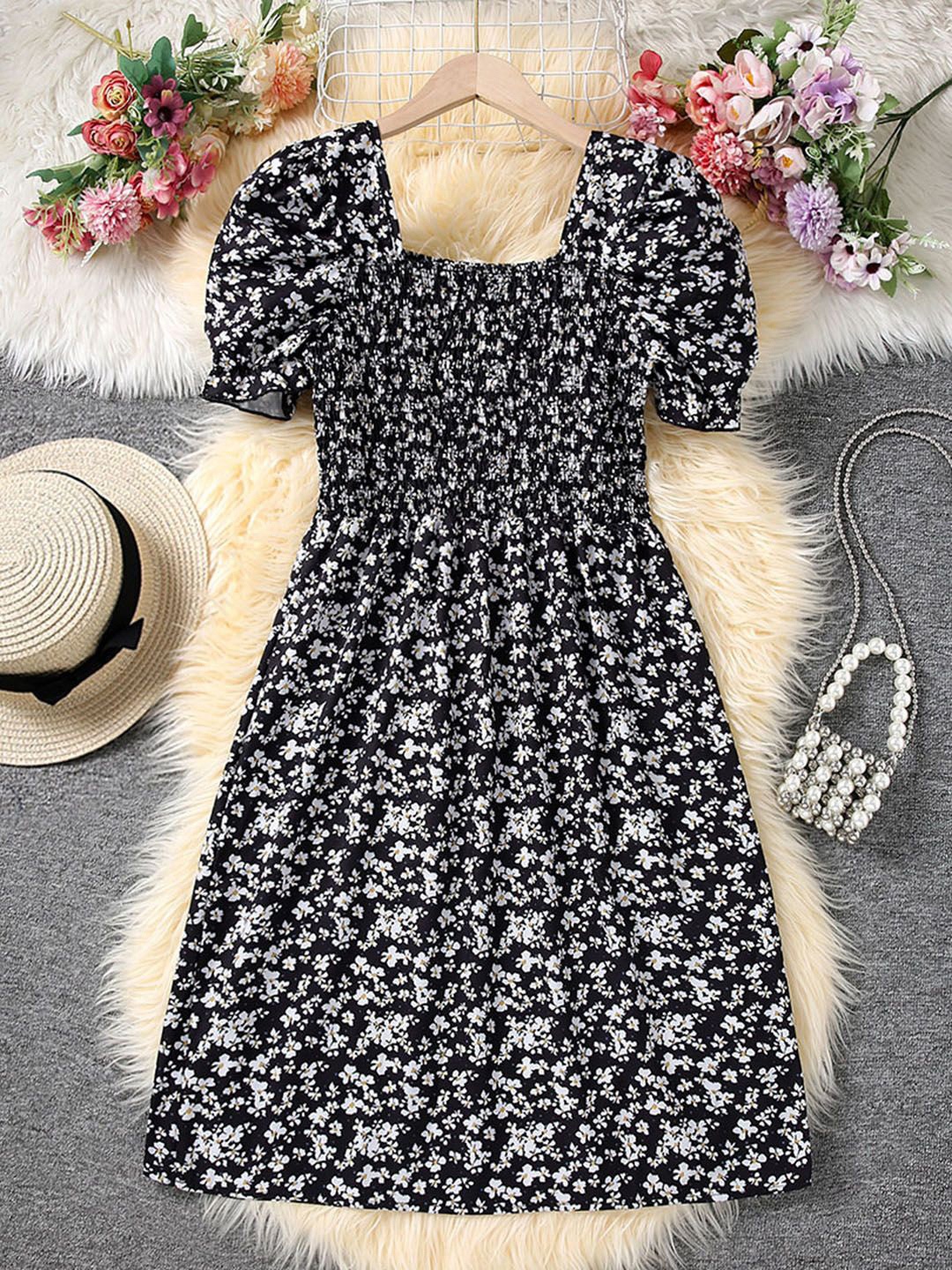 

INCLUD Floral Print Fit & Flare Midi Dress, Black