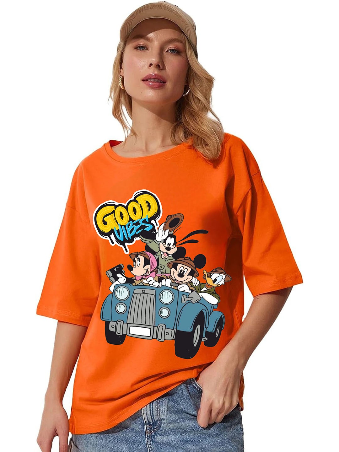 

RAYACLOSET Women Printed Applique T-shirt, Orange