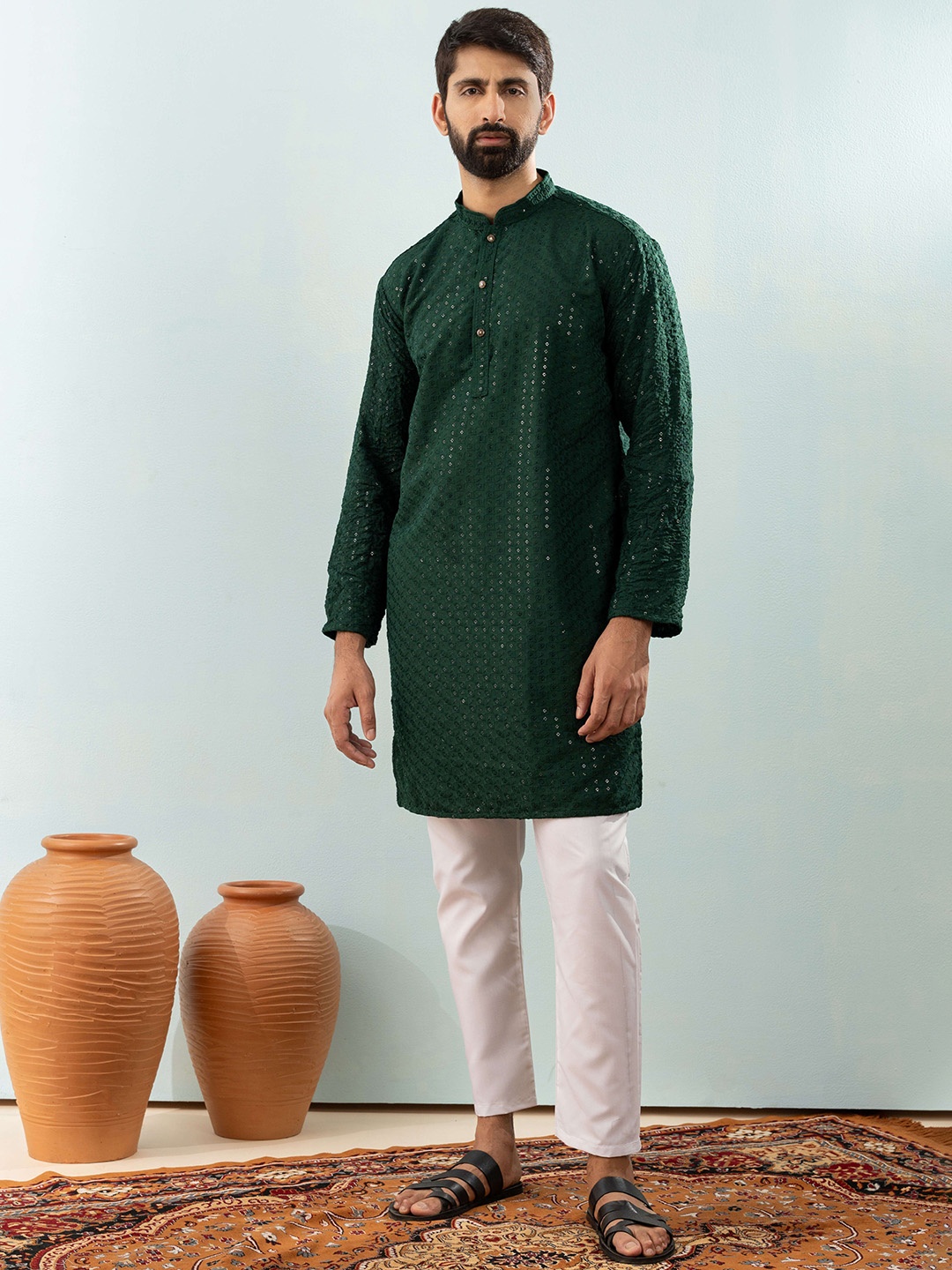 

Shiv Leela Men Embroidered Mirror Work Kurta, Green