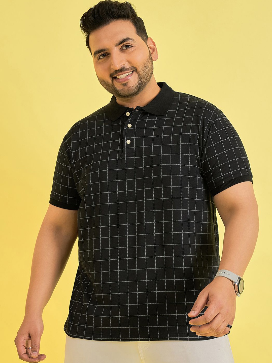 

bigbanana Men Checked Polo Collar Bio Finish Pockets T-shirt, Black