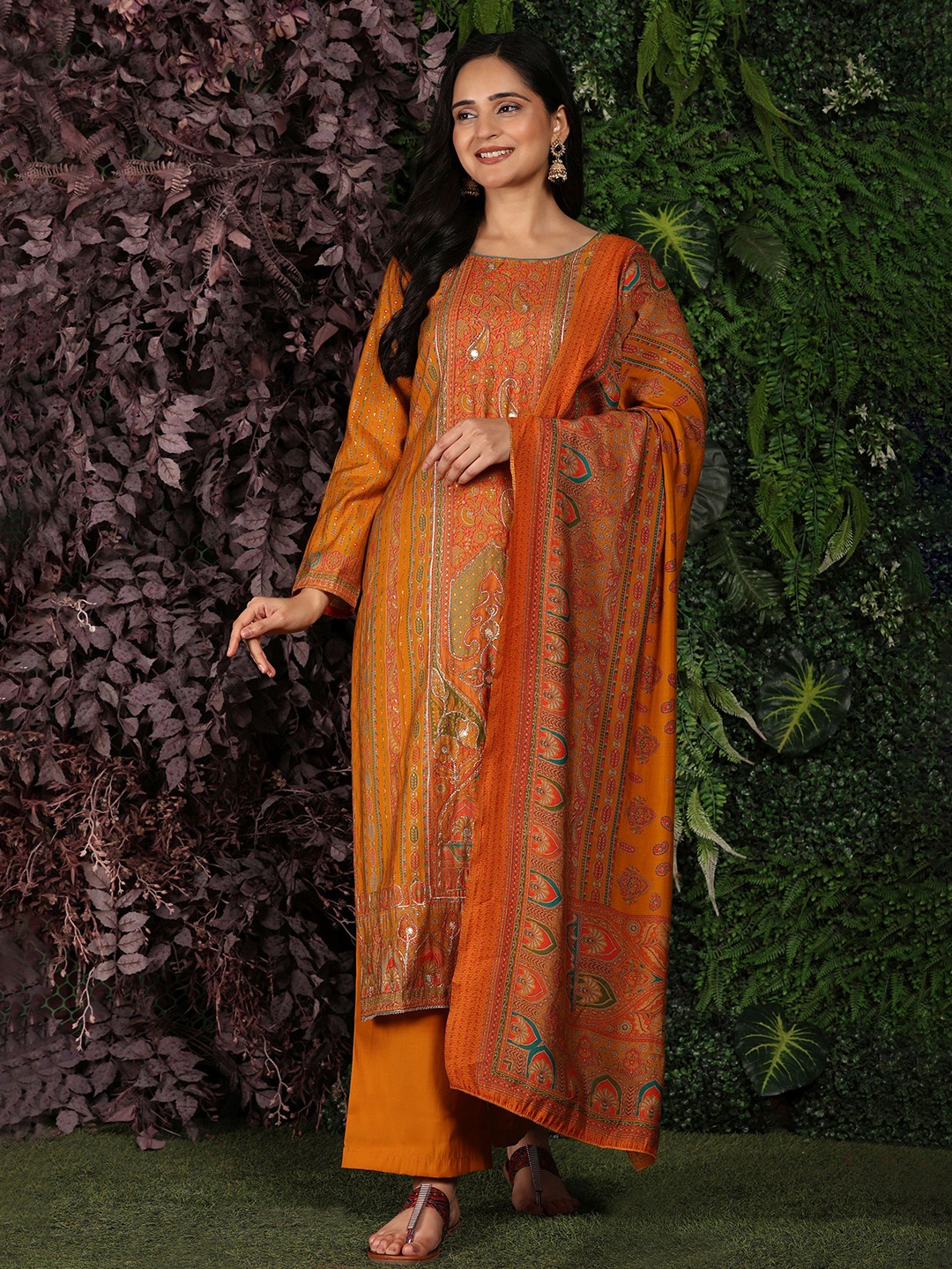 

Mamicha Women Paisley Embroidered Regular Pure Cotton Kurta with Palazzos & With Dupatta, Mustard