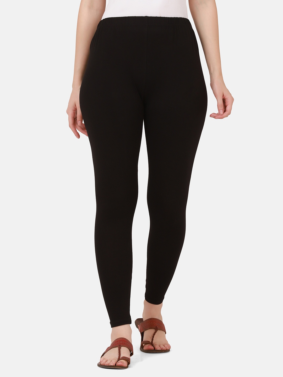 

DIMPY GARMENTS Pure Cotton Slim Fit Mid Rise Ankle Length Leggings, Black