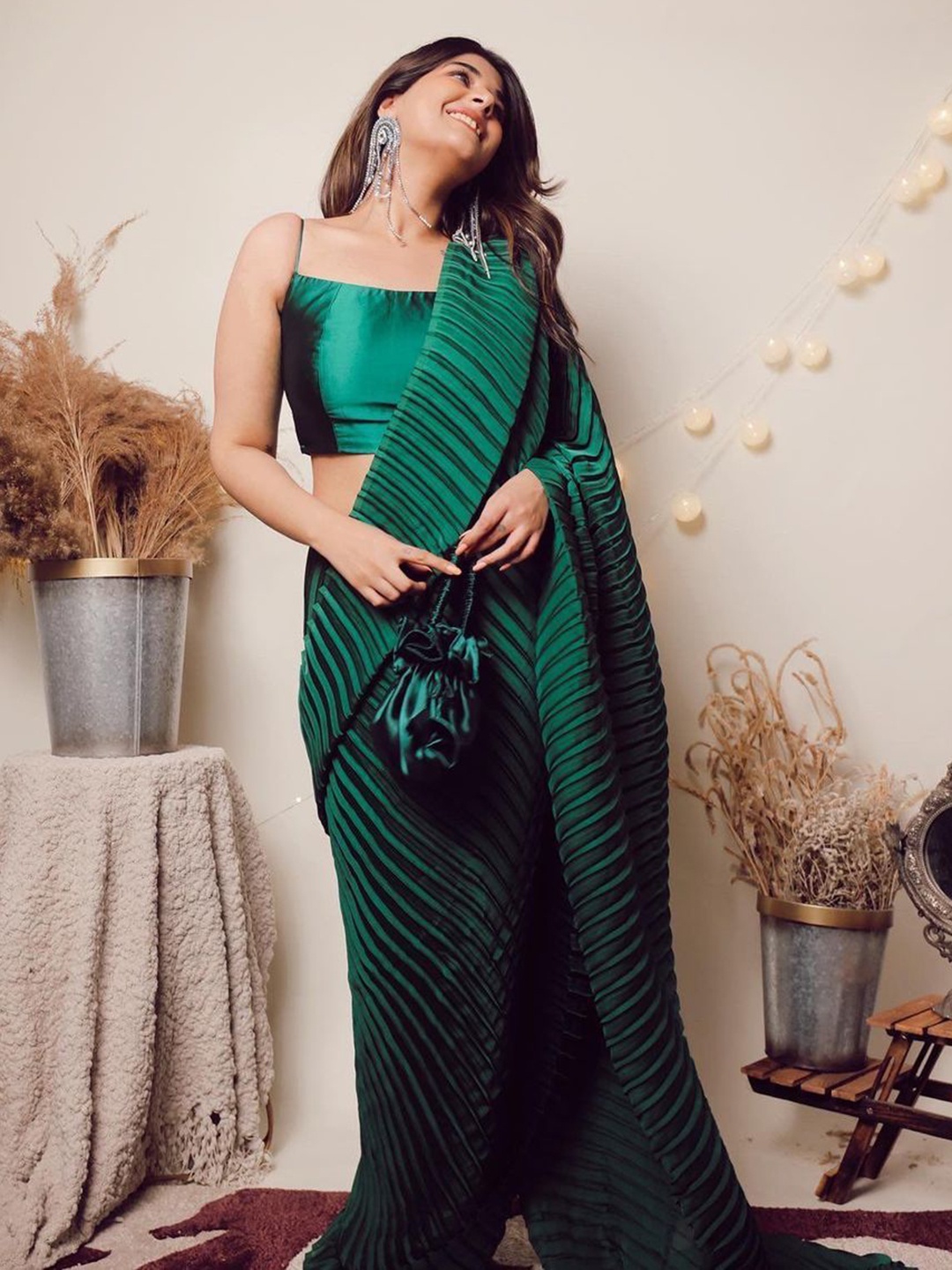 

Moda Rapido Striped Satin Saree, Green