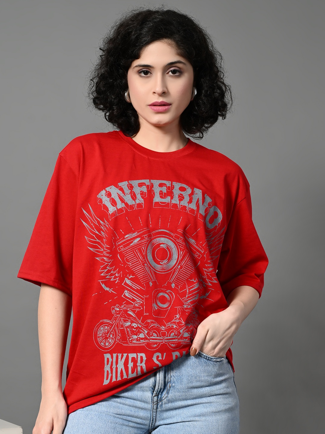 

CORSICA Women Biker Printed Drop-Shoulder Sleeves Bio Finish T-shirt, Red