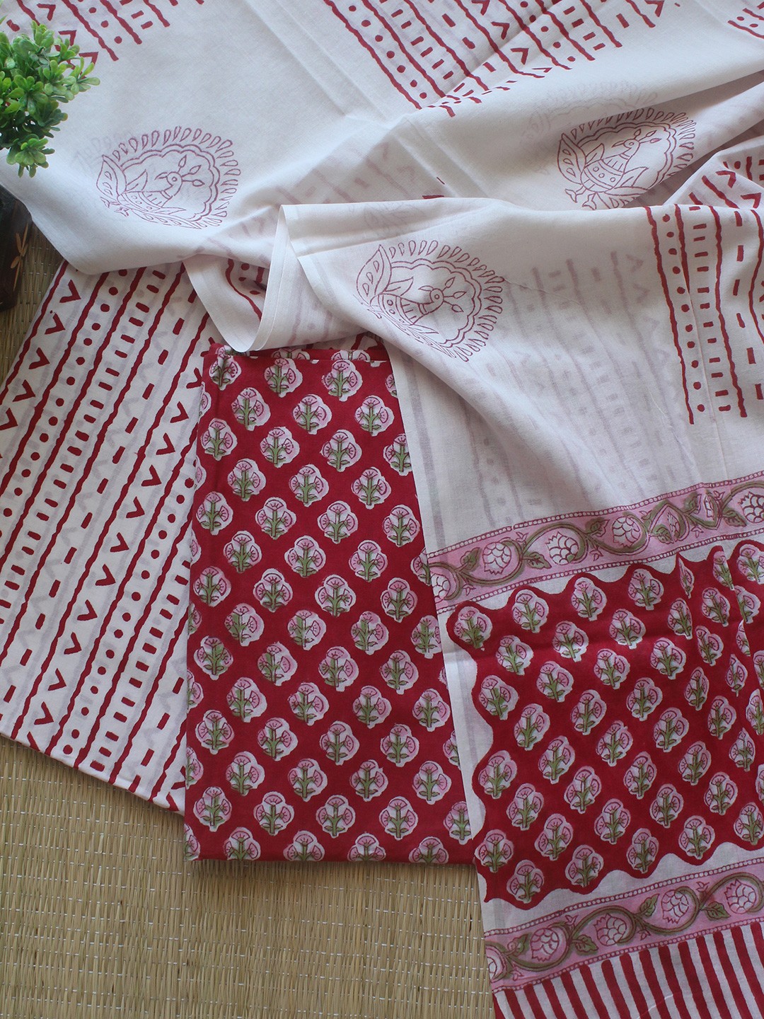 

Weaves of Tradition Printed Pure Cotton Unstitched Dress Material, Red
