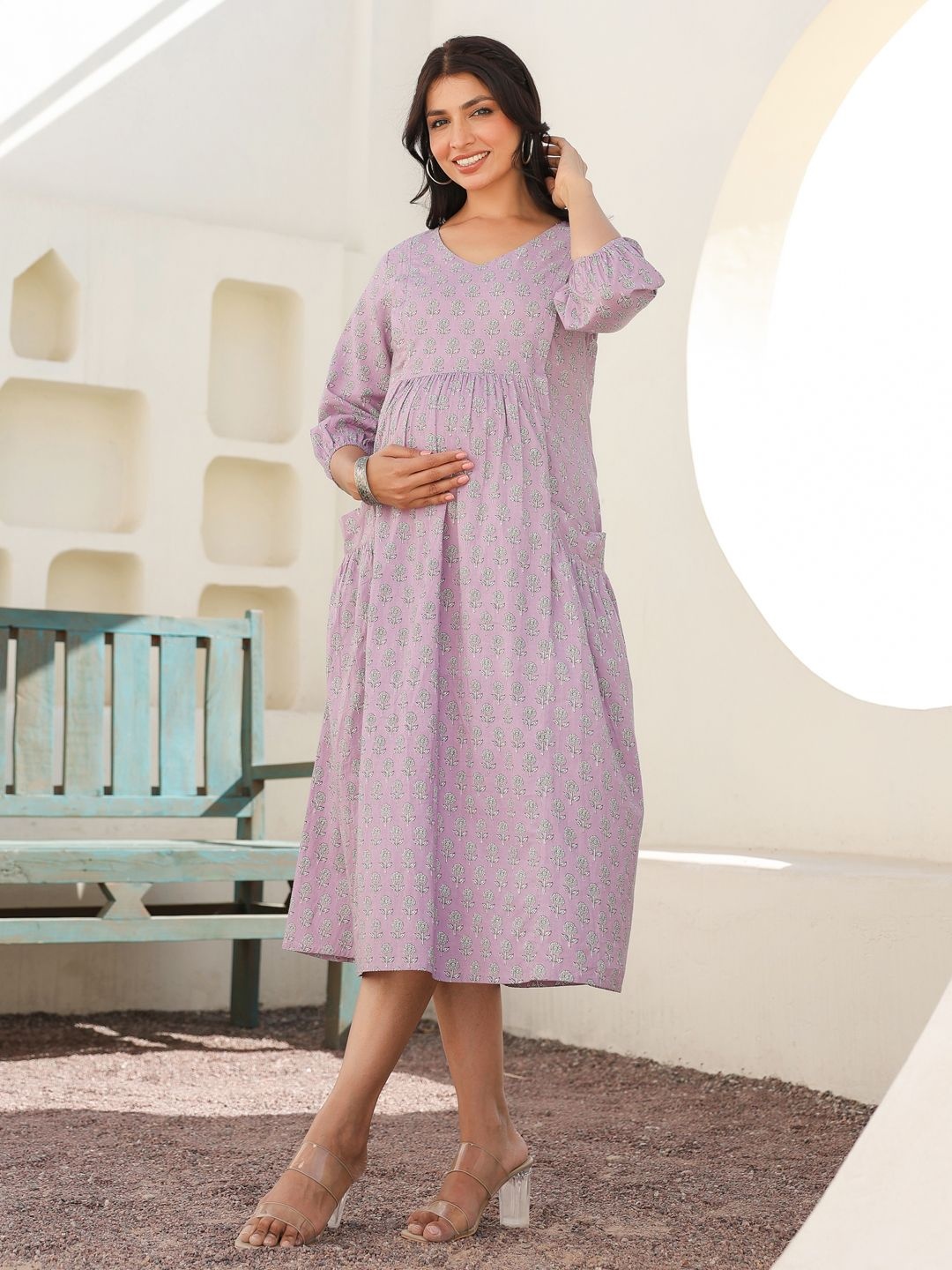 

Janasya Women's Lavender Pure Cotton Floral Printed A-line Maternity Dress