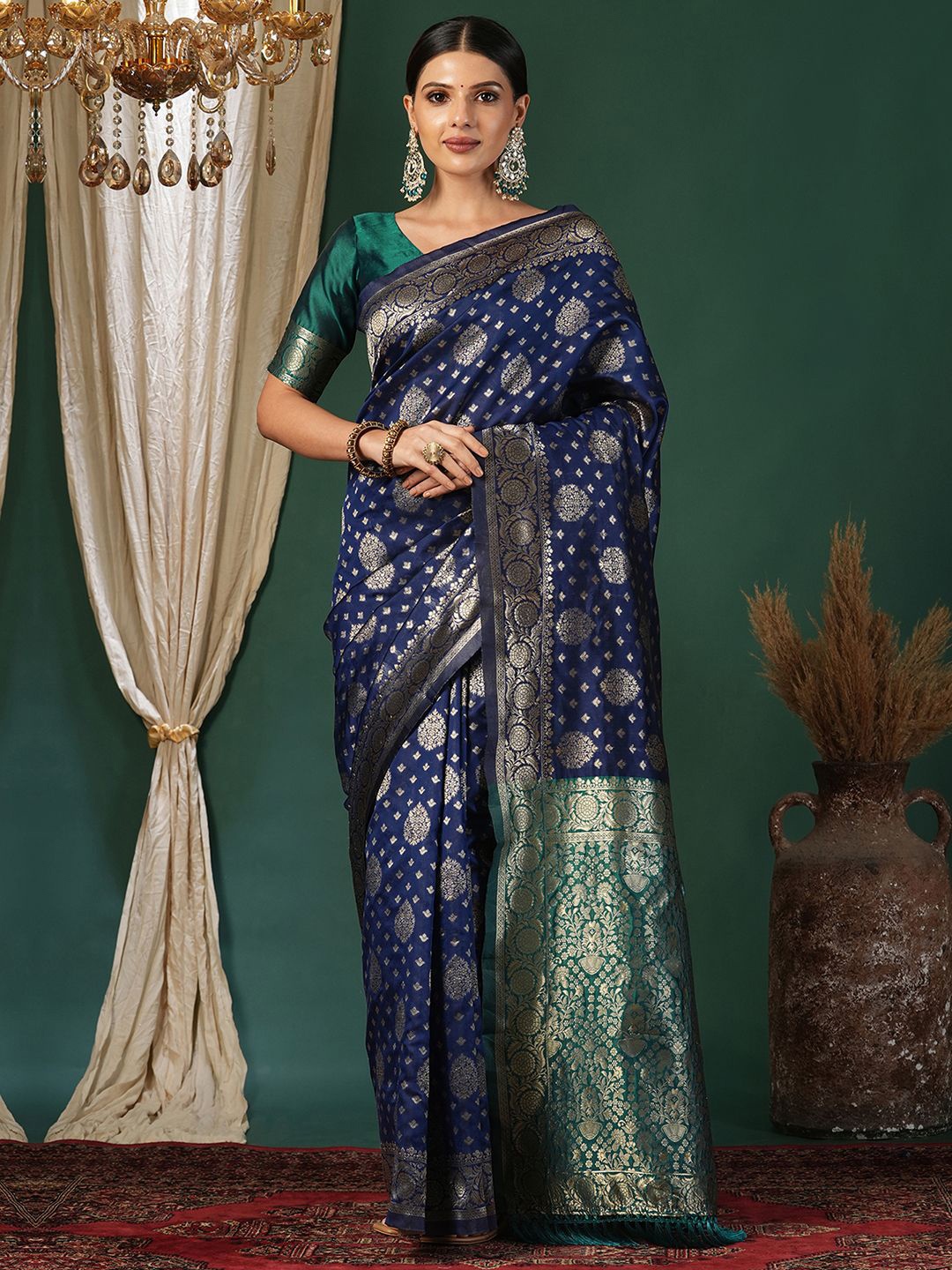 

KALINI Woven Design Zari Pure Silk Banarasi Saree, Navy blue