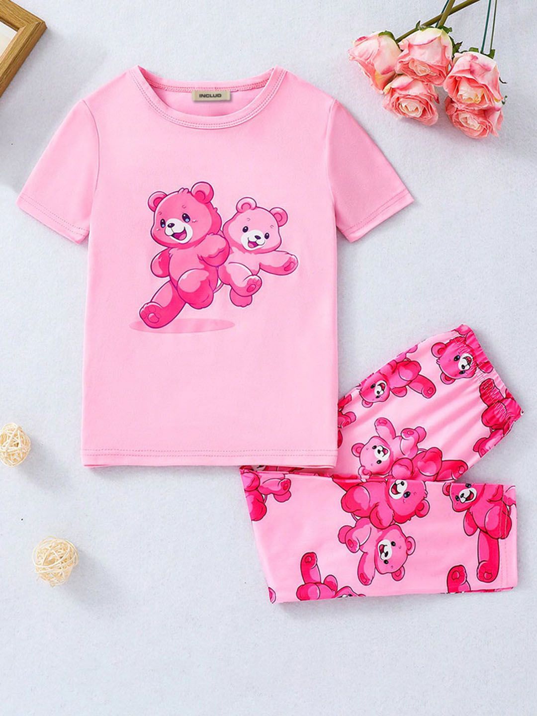 

INCLUD Girls Printed T-shirt with Trousers, Pink