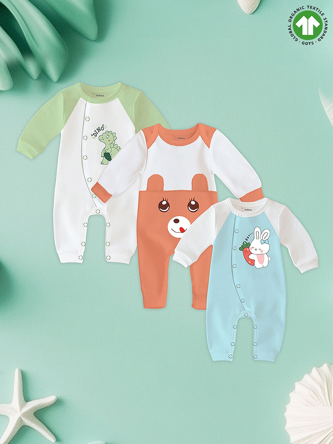 

Kidbea Infants Pack Of 3 Printed Pure Organic Cotton Rompers, Orange