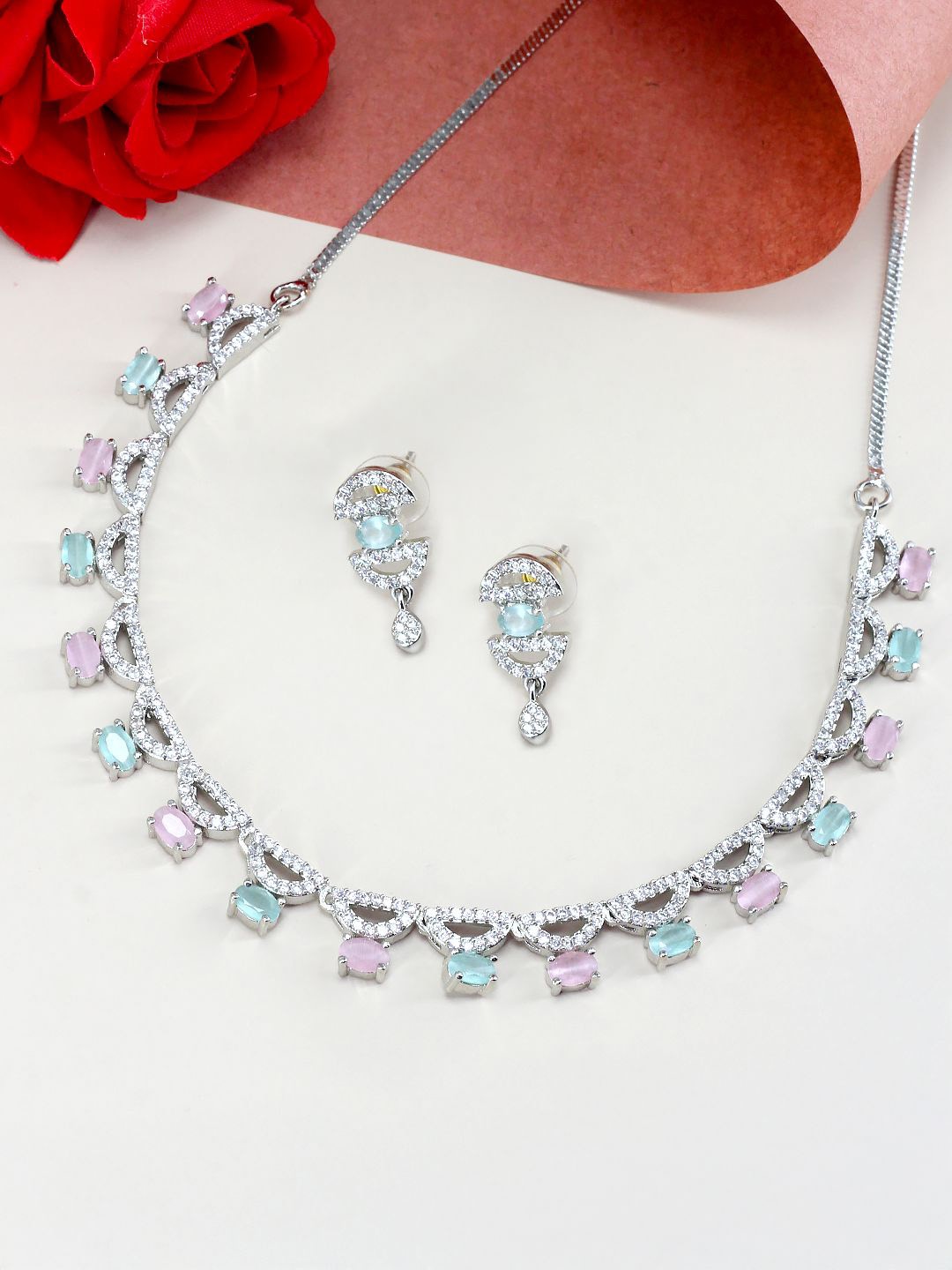 

PRIVIU Rhodium Plated AD Stone Studded Jewellery Set, Silver