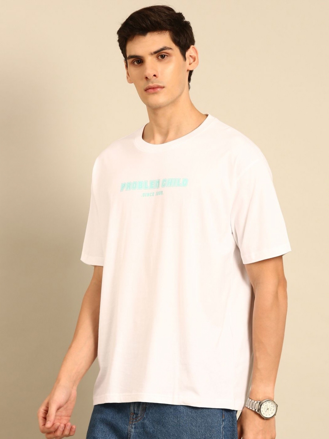 

Mast & Harbour Men Printed Drop-Shoulder Sleeves Bio Finish T-shirt, White
