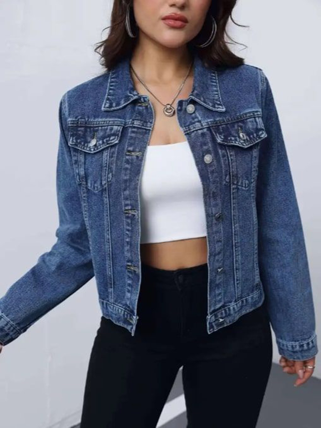 

LILY BUDS Women Washed Biker Jacket with Embroidered, Blue