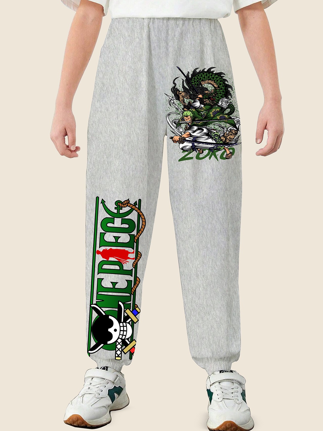 

LOCAVESTIR Boys One Piece Zoro Anime Printed Mid Rise Joggers, Grey