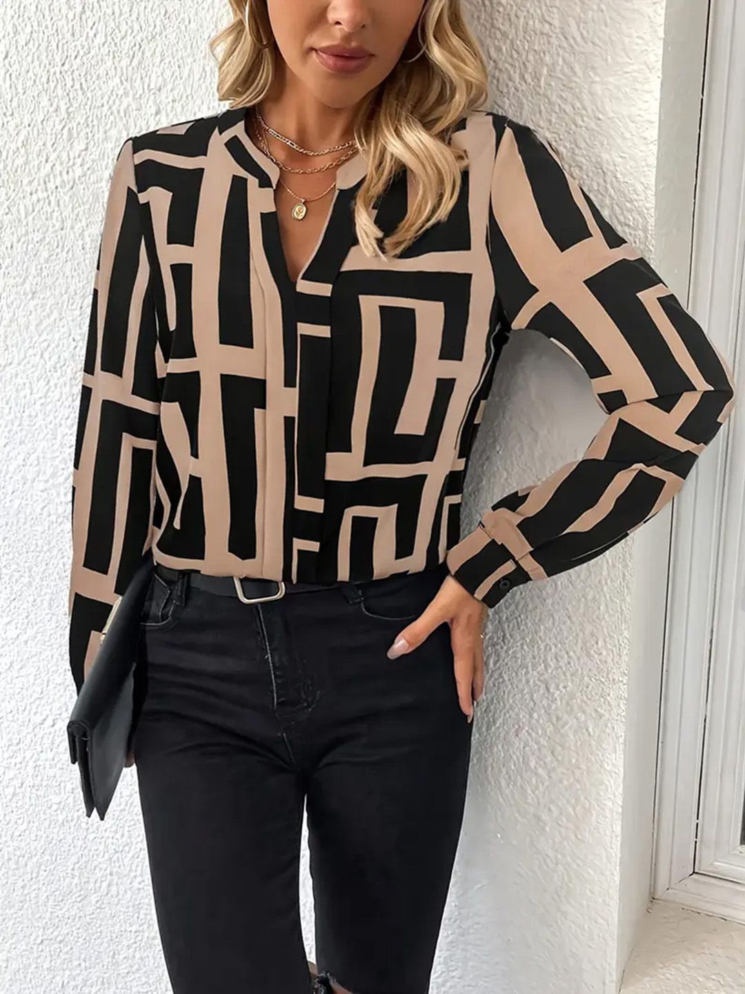 

JC Mode Geometric Print Mandarin Collar Shirt Style Top, Black