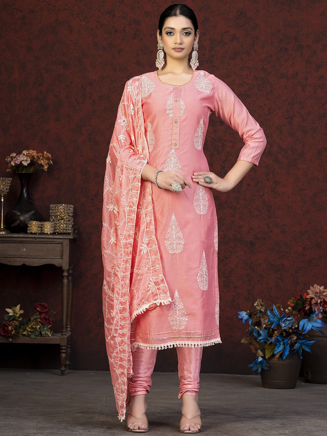 

SAINOOR Embroidered Semi-Stitched Dress Material, Pink